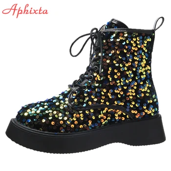 Aphixta/zimowe buty na platformie; buty damskie; Kolorowe pluszowe ciepłe Botki na grubym obcasie 4 cm ze sznurowanie; buty damskie; łódeczki