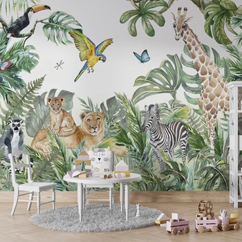 Kreskówka Safari Wymienne 3d tapety ścienne włókniny tropikalne tapety 3D freski Tropikalna Dżungla Zwierzęta tapety kwiatowy