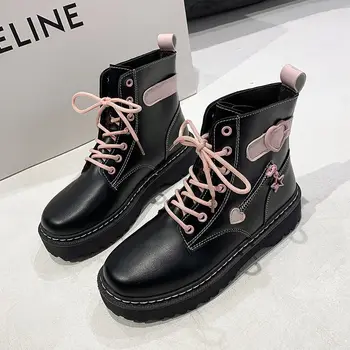 2021 r., jesień-zima, dla kobiet Nowe śliczne Różowe buty z wysokiej piszczelą w stylu Lolity damskie studenckie buty na platformie Kawaii, Jk, Japońska Obuwie