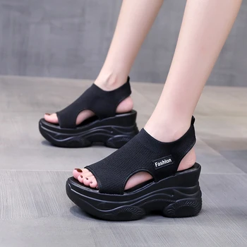 2022 Klapki Damskie Na koturnie z elastycznym materiałową powłoką, Klapki damskie na grubej podeszwie, Casual buty damskie Sandalias De Mujer Sapato