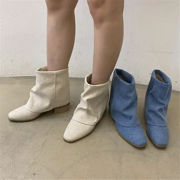 2022 r., Nowe damskie botki z bawełnianej tkaniny, krótkie botki bez zapięcia, codzienne buty Mujer na niskim obcasie, buty damskie