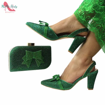 2022 r. Specjalne buty damskie i torby dla dojrzałych kobiet w Zielonym kolorze, Wysokiej jakości Nowe markowe czółenka z błyszczącymi kryształami do Ślubu
