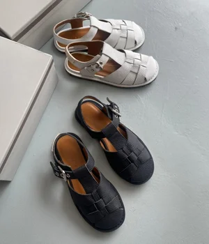2022 r. Wiosenno-letnia Nowe Damskie buty; Luksusowe buty z metalową klamrą Na podszewce Z wołowej skóry; czarne Rzymskie Sandały Ze skóry wołowej