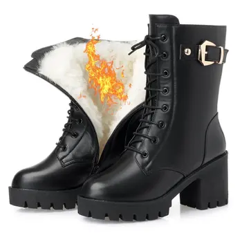 2023 Zimowe skórzane damskie zimowe buty na wysokim obcasie z grubej wełny, ciepłe damskie wojskowe buty, wysokiej jakości damskie buty zimowe