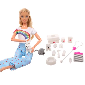 Akcesoria do miniaturowy domek dla lalek Kawaii = 15 przedmiotów + 1 Odzież dla pielęgniarka, odgrywanie ról, Zwierzęta Dla Barbie, zestaw Doktora, dla dzieci prezent
