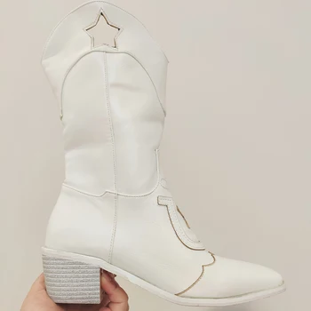 Białe damskie buty kowbojskie buty na grubym obcasie 43 rozmiar z gwiazdami, modne kowbojki w stylu zachodnim 2022, wiosenno-jesienne nowe buty średniej