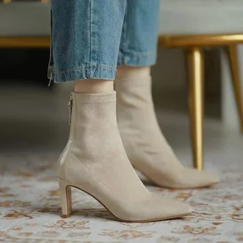 BKQU/damskie buty na wysokim obcasie; nowość w 2022 roku; jesienno-zimowe buty w stylu koreańskim na średnim obcasie; elastyczne cienkie buty z ostrym czubkiem; damskie buty z czubkiem