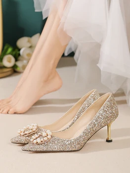 Buty ślubne panny młodej suknia Ślubna Dwie Kryształowe buty Złote Buty na wysokim obcasie Damskie wysokiej jakości Francuskie buty Druhny na delikatnym obcasie