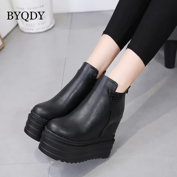 BYQDY/buty na platformie z imitacji skóry na obcasie 12,5 cm, Jesienne Damskie Botki w Kolorze Czarnym, co przyczyniło się do Wzrostu, buty na koturnie w stylu punk z okrągłym czubkiem