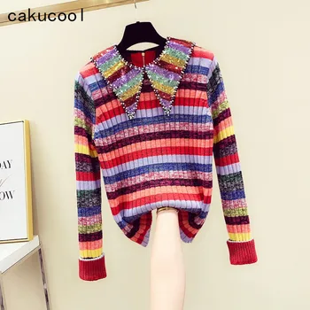 Cakucool Nowy Rainbow Kolorowy Sweter Damski Skręcić W Dół Kołnierz Perła Koraliki Swetry Dla Wybiegu Projekt Cienkie Swetry Sweter Femme