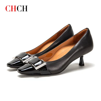 CHCH/damskie czółenka 4,5 cm, skórzane wieczorowe ślubne buty na Obcasach, biurowe damskie szpilki z ostrym czubkiem, modne skórzane buty na Wysokim Obcasie