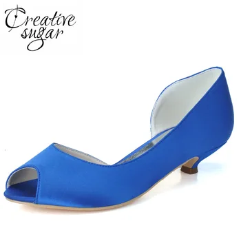 Creativesugar Zwięzły D ' orsay satynowe damskie wieczorowe moda buty na średnio niskim obcasie peep toe poprawiny bal bankiet biały royal niebieski