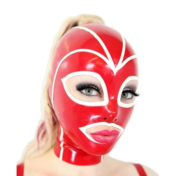 Damska maska z naturalnego lateksu i kauczuku z otworem przelotowym do włosów, sexy kaptur, ozdobiony czerwonymi i białymi paskami (tylko otwory, bez włosów