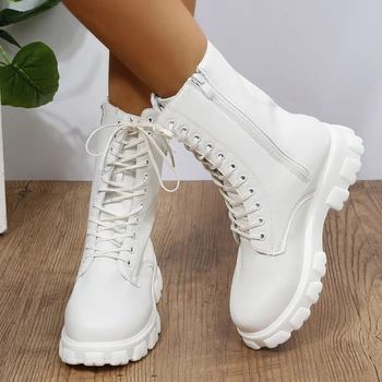 Damskie buty Martens, białe botki z imitacji skóry, jesienno-zimowe, Motocyklowe buty, Modne buty damskie na platformie z masywnym obcasem