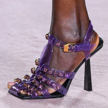 Damskie klapki z przezroczystym kolorowym paskiem, markowe klapki z wydrążonych nitami i diamante, letnie biurowe damskie buty na wysokim obcasie, rozmiar 43
