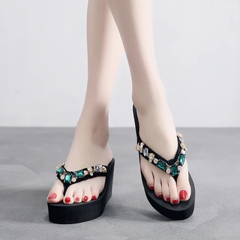 Damskie letnie sandały, pantofle domowe uliczne japonki, obuwie plażowe, Nowe Mody kobiet rhinestone, diamentowy obcas o wysokości 6,5 cm