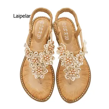 Damskie sandały 202, Nowe Modne sandały-japonki z okrągłym czubkiem i kwiatowy wzór z koralików, damska Handlowa Letnia buty Damskie 36-42