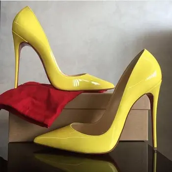 Damskie żółte eleganckie czółenka z lakierowanej skóry na wysokim obcasie-szpilce, damskie moda buty bez zapięcia z ostrym czubkiem, damskie buty na cienkim obcasie 12 cm