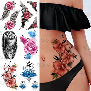 DIY Kwiat Lilii Tymczasowe Tatuaże Dla Kobiet, Mężczyzn Henna Pióro Róża Kwiat Lotosu Motyl Sztuczna Tattoo Clown Wodoodporna Tatuaż Duży