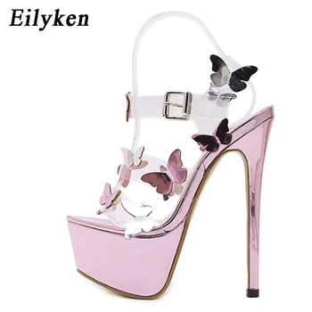 Eilyken/ Nowe stylowe damskie sandały-gladiatorki na platformie z paskiem na kostce, słodkie Fioletowe Przezroczyste czółenka z kokardą i węzłem 17 cm, letnia odzież obuwie