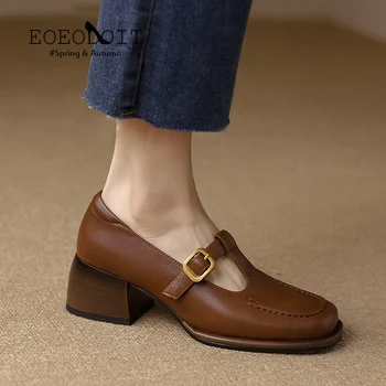 EOEODOIT/Damskie czółenka na średnim obcasie w stylu romańskim w stylu retro; skórzane buty w kształcie litery 