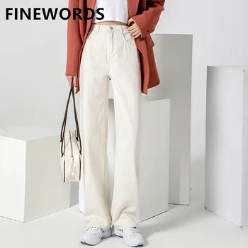 FINEWORDS Easymatch Beżowe Rocznika Szerokie Dżinsy Damskie Koreańskie Codzienne Proste Dżinsy Z Wysokim Stanem Temat Monochromatyczne Modne Spodnie Jeansowe