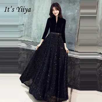 It ' s Yiiya Czarna Sukienka z dekoltem V, Stałe Patchwork sukienka z cekinami, sukienka De Soiree K362, rękaw trzy czwarte, sukienka 2020