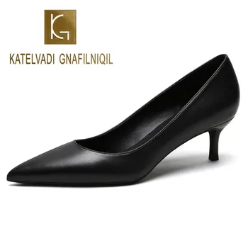 KATELVADI/damskie czółenka na średnim obcasie 5 cm, Czarne Buty damskie z спилка, Pikantne ślubne buty z ostrym czubkiem, K-363