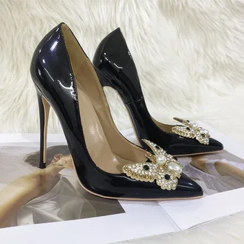 Keshangjia/ damskie buty na wysokim obcasie z ostrym czubkiem, pikantne ślubne szpilki z otwartym palcem i pereł, 12 cm, wieczorne cienkie buty, rozmiar 44 jarka