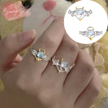 Koreański Ładny Anioł Demon Kamień Księżycowy Pierścień Metalowy Magiczny Projekt Biżuteria Dla Kobiet Dziewczyna Kawaii Prezent Poprawiny Akcesoria