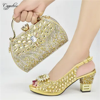 Luksusowe buty ze złotymi kamieniami w zestawie z torbą, afrykańskie sandały damskie letnie buty i torebka-kopertówka, czółenka, torebki, Sandalias 938-15A