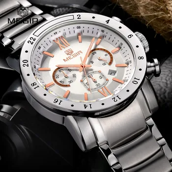 MEGIR gorące marki zegarek kwarcowy dla mężczyzn, męskie biznesowych białe zegarki, modne wodoodporne świecące zegar z trzema oczami dla mężczyzn