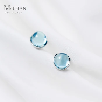 Modian Luksusowe Niebieskie Kryształowe Błękitne Niebo-Niebieskie Opalizujące Okrągłe Kolczyki Klasyczny Urok Srebra Próby 925 Kobiet Mody Biżuteria Prezent