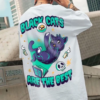 Męskie Anime t-Shirt Z nadrukiem Czarnych Kotów, Негабаритная Kawaii, odzież w stylu harajuku, Gotycki Modny Top Z Krótkim Rękawem, Kobieta y2k hombre camiseta
