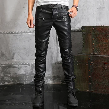 Nowe męskie spodnie męskie Zimowe czarne męskie skórzane spodnie motocyklowe, odporny na wiatr cienkie modne prywatne grube spodnie do jazdy konnej