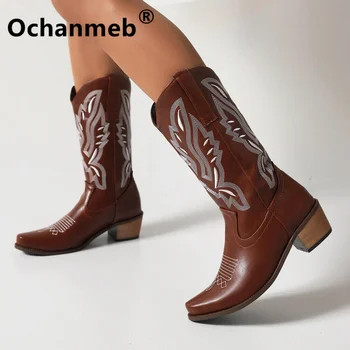 Ochanmeb/Damskie Kowbojki do kolana z etnicznym haftem, Kowbojskie buty w stylu zachodnim, Damskie Duże Rozmiary 47 48, brązowe, czarne buty Zimowe 2022