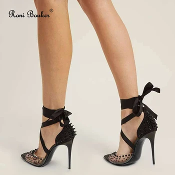 Roni Bouker/ damska Luksusowa Damska Modne buty na wysokim obcasie, Czarne damskie czółenka sznurowane z kolcami, błyszczące buty ślubne, Dostawa Bezpośrednia