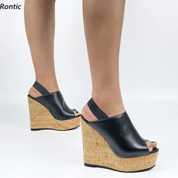 Rontic/Nowa dostawa, Klapki Damskie ręcznie robione na platformie Unisex, wygodne, eleganckie czarne modelowe buty na Koturnie z odkrytym palcem, rozmiar USA 5-20