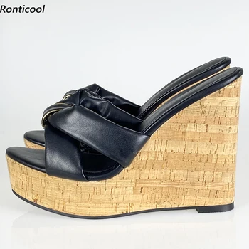 Ronticool/Nowe modne klapki damskie-мюли na platformie, japonki, pikantne sandały na koturnie i wysokim obcasie peep toe, eleganckie czarne buty wieczorowe, rozmiar USA 5-20