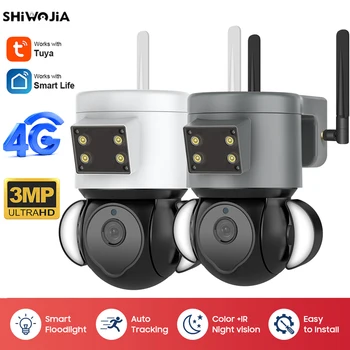 SHIWOJIA 4G, Aparat Bezpieczeństwa TUYA 3MP Zewnętrzne Uliczne Kamery Cctv z Kartą Sim CCTV PTZ IP Audio 1080P Kamera Inteligentny Dom