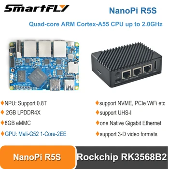 Smartfly NanoPi R5S Rockchip RK3568 SBC czterordzeniowy procesor ARM Cortex-A55 z procesorem, 2 GB + 8 GB z obsługą NVME, PCIe WiFi, 0,8 T NPU