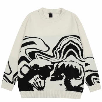 Sweter Y2K, wolny jesienny sweterek, cienki uliczny z dzianiny w stylu hip-hop, czarno-biała głowa wlasnej produkcji