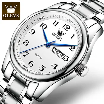 Szwajcarski luksusowej marki OLEVS męskie kwarcowy zegarek z cyframi arabskimi ze stali nierdzewnej wodoodporny Zegarek z kalendarzem, Męskie Prezenty dla Ojca