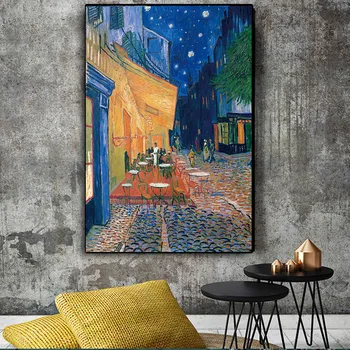 Słynny Van Gogh Taras Kawiarni w Nocy Reprodukcje Malarstwa olejnego na Płótnie, Plakaty i Druki Ścienny Art Obraz do Salonu