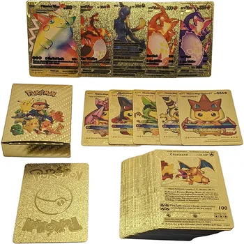 TAKARA TOMY 54 szt. Złotych Kart Pokemon Złote Litery Hiszpańskie Karty Metalicas Charizard Vmax Gx Seria Skrzynia kart do gier