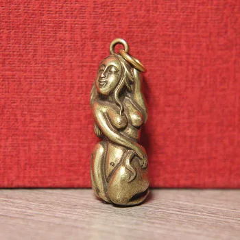 Twarda Mosiądz Naga Piękna Kobieta Miniaturowa Figurka Vintage Nude Lady Brelok Wisiorek Biżuteria Moda Rzemiosła Kolekcja Ornament