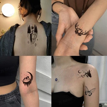 Tymczasowy Tatuaż Wodoodporny Czarny Las Naklejki Tatuaż Dla Mężczyzn Panie Dzieci Niedźwiedź, Jeleń Księżyc Fałszywy Tatuaż Henna Body Art, Tatuaż