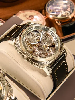 W pełni Automatyczne męskie zegarek szkielet modne Zegarki Mechaniczne Świecące luksusowe MĘSKIE ZEGAREK firmy skórzany pasek reloj hombre