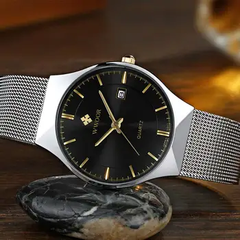 WWOOR Nowe Srebrne Proste Zegarek Dla Mężczyzn Klasyczne Mody Zegarek Kwarcowy Ze Stali Nierdzewnej Wodoodporny Zegarek Relogio Masculino Box