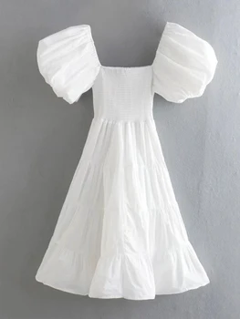 YENKYE 2022 Modne Kobiece Vintage Biała Sukienka z Pełnymi Rękawami, Letnie sukienki Midi Vestido, Dorywczo Strój
